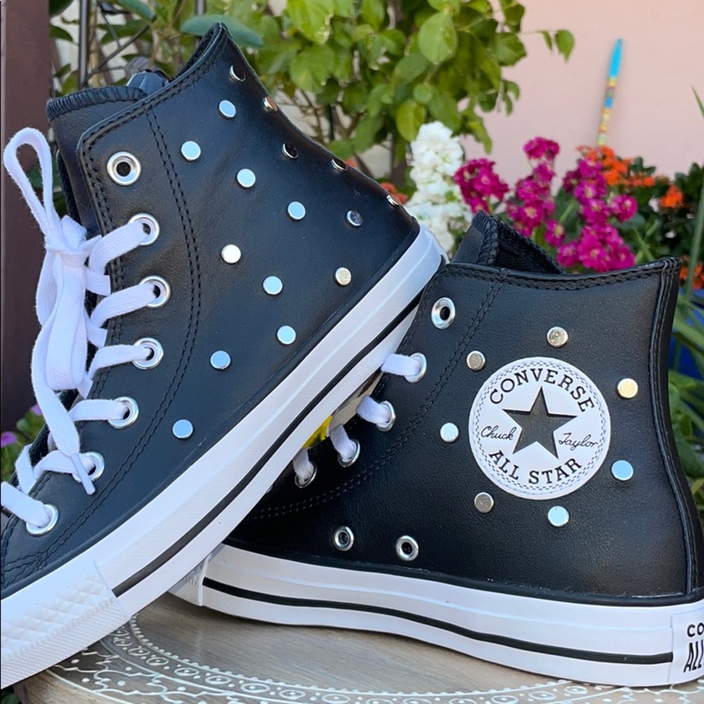 Leather & Silver Studded Converse Hi Tops Sz 7 - Picture 11 of 16